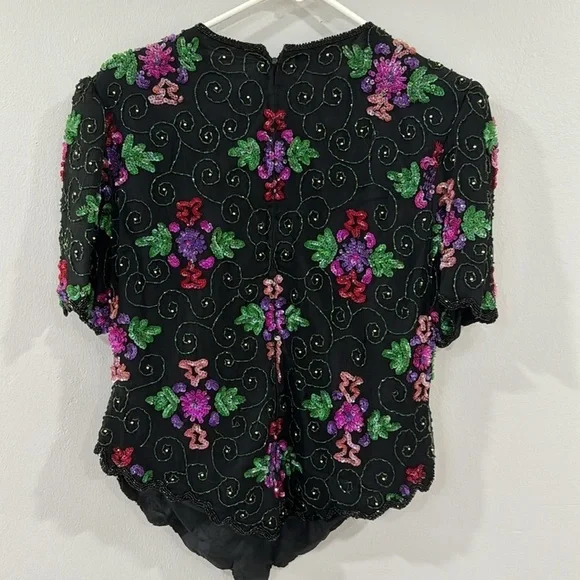 Vintage floral beaded Laurence Kazar silk blouse - Picture 5 of 7